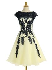 Dynamic Light Yellow Prom Dresses Prom and Party and For with Appliques Scalloped Cap Sleeves Zipper