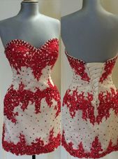 Column/Sheath Cocktail Dress White And Red Sweetheart Lace Sleeveless Mini Length Lace Up