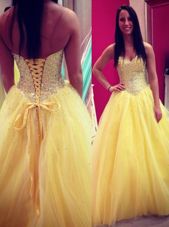 Yellow A-line Sweetheart Sleeveless Chiffon Floor Length Lace Up Sequins Going Out Dresses