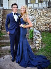 Mermaid Navy Blue Sleeveless Sweep Train Ruching Homecoming Party Dress