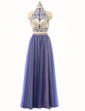 Tulle High-neck Sleeveless Zipper Beading in Blue