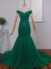 Mermaid Green Off The Shoulder Zipper Ruching Homecoming Dress Court Train Sleeveless