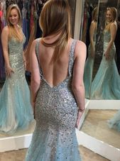 Fitting Multi-color Mermaid V-neck Sleeveless Tulle Floor Length Backless Beading Evening Dress