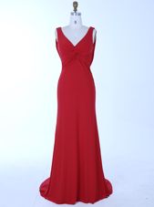 Custom Designed Red Mermaid Chiffon V-neck Sleeveless Beading Zipper Homecoming Dresses Brush Train