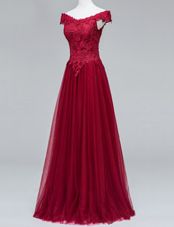 Fashion Wine Red Short Sleeves Floor Length Lace Zipper Prom Party Dress