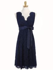 High Quality Lace Navy Blue V-neck Neckline Sashes|ribbons and Bowknot Prom Dresses Sleeveless Zipper