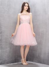 Scoop Knee Length Pink Prom Dresses Organza Sleeveless Beading and Appliques