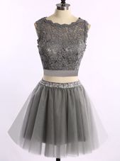 Scoop Sleeveless Prom Dress Mini Length Lace Grey Organza