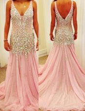 Court Train Mermaid Formal Dresses Pink V-neck Tulle Sleeveless Zipper