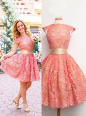 Dazzling Scoop Cap Sleeves Prom Dresses Knee Length Lace Watermelon Red Lace