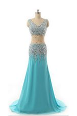 Ideal Aqua Blue A-line Beading Evening Dresses Zipper Chiffon Sleeveless Asymmetrical