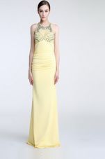 Luxurious Scoop Sleeveless Prom Party Dress Floor Length Beading and Ruching Light Yellow Chiffon