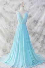 Glorious A-line Sleeveless Baby Blue Evening Dress Brush Train Backless