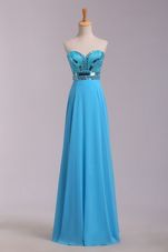 Baby Blue Zipper Prom Evening Gown Beading and Belt Sleeveless Floor Length