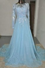 Adorable Baby Blue Prom Dresses Organza Court Train Long Sleeves Appliques and Belt