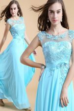 Gorgeous Scoop Aqua Blue Chiffon Zipper Evening Dress Sleeveless Floor Length Appliques