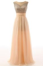 Stunning Scoop Floor Length Peach Dress for Prom Organza Sleeveless Beading and Belt