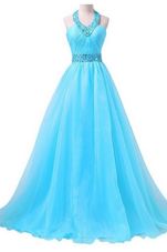 Halter Top Aqua Blue Lace Up Junior Homecoming Dress Beading and Belt Sleeveless Floor Length