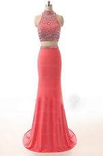 Romantic Sleeveless Satin Brush Train Backless Homecoming Dress in Watermelon Red for with Beading and Appliques and Belt