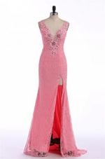 Attractive Rose Pink Backless V-neck Lace and Appliques Dress for Prom Organza Sleeveless Sweep Train