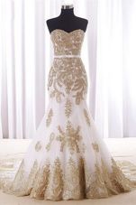 Enchanting Mermaid With Train White Evening Dress Sweetheart Sleeveless Brush Train Lace Up