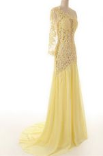 One Shoulder Side Zipper Dress for Prom Light Yellow and In for Prom and Party with Lace Sweep Train