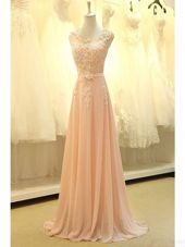 Modern Peach Scoop Zipper Lace and Belt Prom Evening Gown Sweep Train Sleeveless