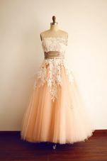 Peach A-line Strapless Sleeveless Organza Floor Length Zipper Lace and Appliques and Belt Prom Evening Gown