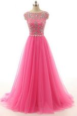 Fine Hot Pink A-line Lace Bateau Short Sleeves Beading Floor Length Zipper Prom Evening Gown