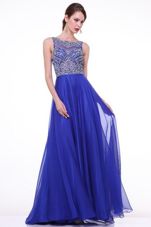 Popular Royal Blue Chiffon Zipper Prom Party Dress Sleeveless With Brush Train Beading and Ruching