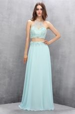 Light Blue Empire Tulle Halter Top Sleeveless Beading Zipper Prom Gown Sweep Train