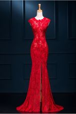 Mermaid Scoop Sleeveless Lace Floor Length Zipper Prom Gown in Red for with Lace