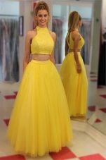 Sleeveless Floor Length Sequins Zipper Hoco Dress with Yellow