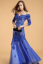 Cheap Mermaid Lace Royal Blue Off The Shoulder Neckline Beading Prom Dresses Sleeveless Zipper