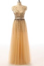 Sleeveless Floor Length Beading and Belt Side Zipper Evening Dress with Gold