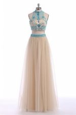 Artistic Champagne High-neck Neckline Beading and Appliques and Belt Dress for Prom Sleeveless Zipper