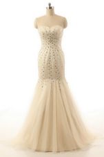 Mermaid Champagne Sweetheart Zipper Beading Dress for Prom Brush Train Sleeveless