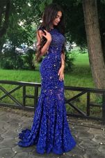 Charming Mermaid Scoop Royal Blue Backless Prom Dresses Beading and Lace Sleeveless With Brush Train