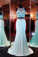 Dazzling Mermaid Scoop Sleeveless Prom Dresses With Brush Train Beading Aqua Blue Chiffon