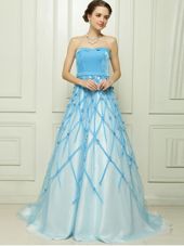 On Sale Floor Length Baby Blue Evening Dress Strapless Sleeveless Zipper