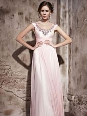 Pretty Scoop Baby Pink Sleeveless Floor Length Beading Backless Prom Dresses