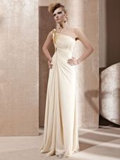 Exceptional One Shoulder Champagne Empire Beading Side Zipper Chiffon Sleeveless Floor Length