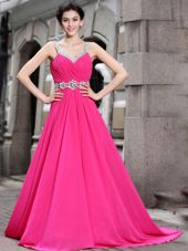 Smart Hot Pink Sleeveless Brush Train Beading Prom Evening Gown