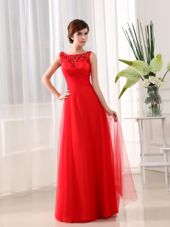 Coral Red Scoop Neckline Beading and Appliques Dress for Prom Sleeveless Zipper