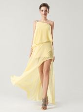 Modest One Shoulder High Low Column/Sheath Sleeveless Yellow Homecoming Dress Zipper