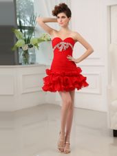 Ruffled Mini Length A-line Sleeveless Red Prom Evening Gown Lace Up