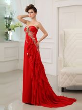 Nice Sleeveless With Train Beading and Appliques and Ruffled Layers Zipper Prom Party Dress with Red Brush Train