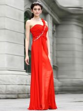 One Shoulder Sleeveless Zipper Floor Length Beading and Hand Made Flower Prom Evening Gown