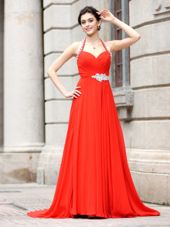 Sleeveless Chiffon Brush Train Zipper Dress for Prom in Coral Red for with Beading