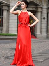 Scoop Sleeveless Silk Like Satin Prom Evening Gown Beading and Appliques Zipper